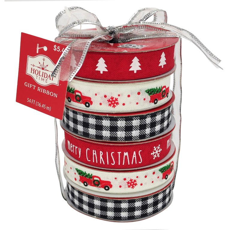 Holiday Time Decorative Gift Wrap Ribbon Assortment, 6ct - 5/8in x 9ft 100% Polyester Ribbon in R... | Walmart (US)