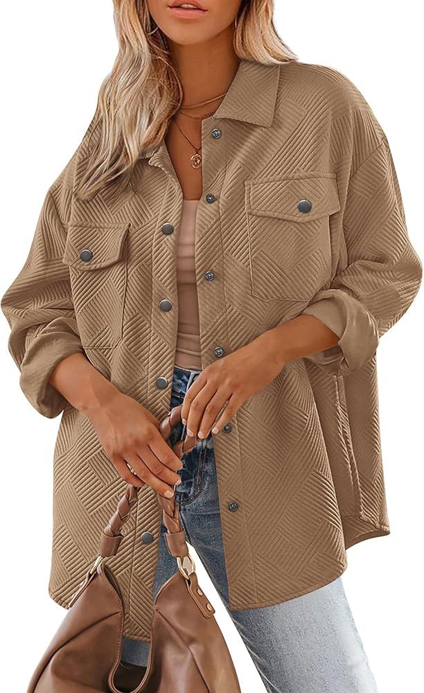 PRETTYGARDEN Women's 2024 Button Down Shacket Jackets Fall Clothes Collared Long Sleeve Textured ... | Amazon (US)