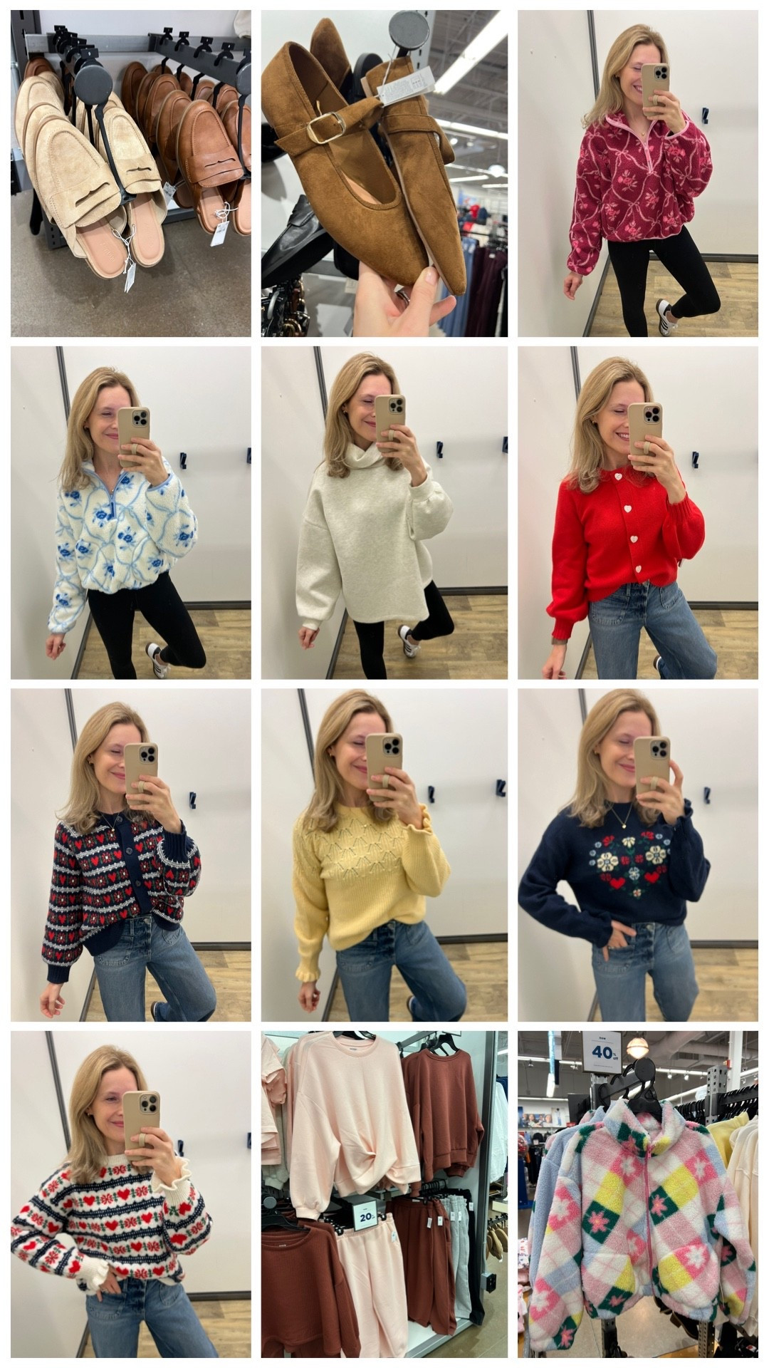 Old Navy in store try on and everything is on sale! Sizing, I grabbed whatever they had and it worked! Blue floral fleece: size small (tts). Pink floral fleece size large. Red cardigan size medium. Fairisle cardigan size XL. Yellow sweater size large. Fairisle crewneck sweater size large. Bounce fleece tunic size large (would prefer medium or even small). Leggings size medium (tts). #oldnavy 

#LTKFindsUnder50 #LTKSaleAlert