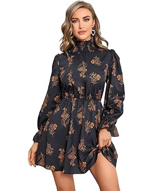 Floerns Women's Mock Neck Long Sleeve Floral Print Ruffle Short Dress | Amazon (US)