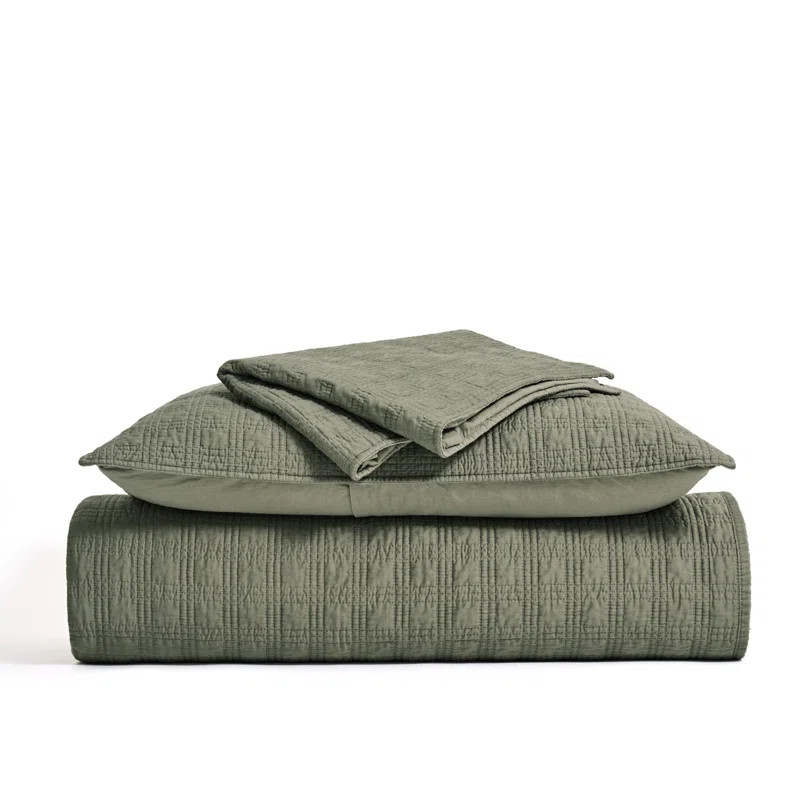 Modern Windowpane Cotton Sateen Quilt Set,Pre-Washed 100% Cotton Coverlet Bedspread, 3-Piece Soft... | Wayfair North America