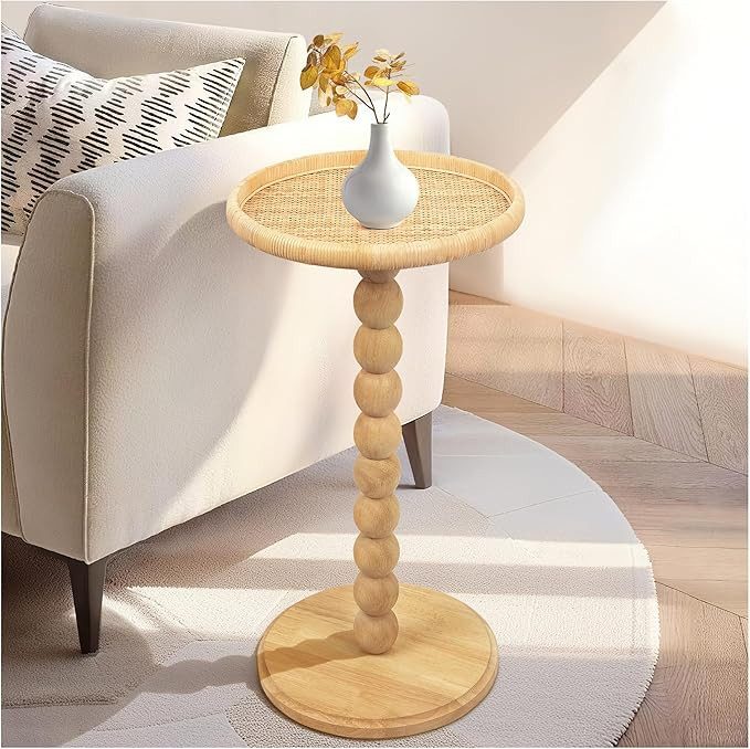 Round Side Table, Solid Wood Small Drink Table for Small Spaces, Boho Rattan End Table for Living... | Amazon (US)