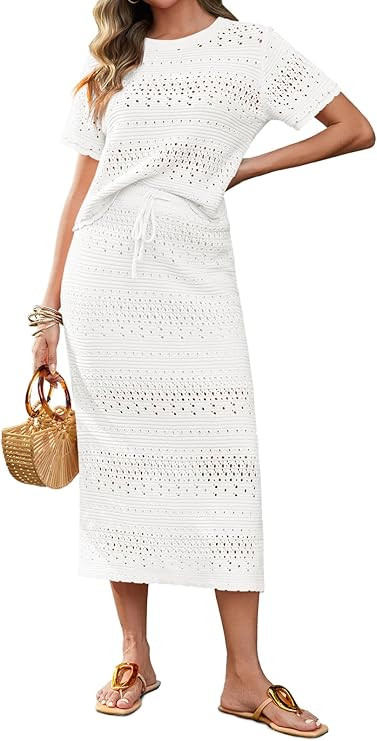Tankaneo Womens Crochet Cover Up 2 Piece Skirt Sets Short Sleeve Knit Top Midi Skirt Vacation Tra... | Amazon (US)