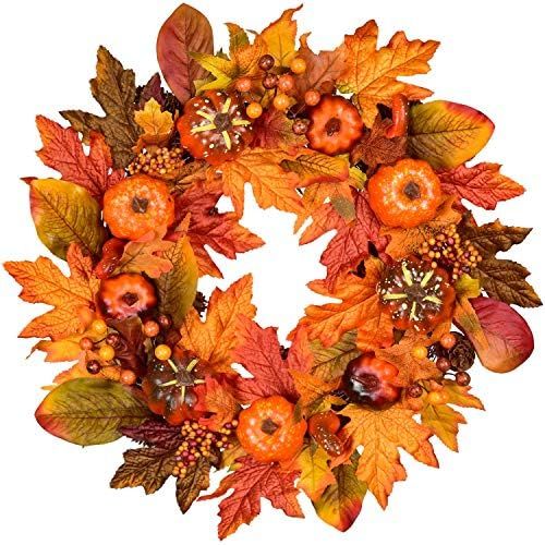 Lvydec Artificial Maple Leaves Fall Wreath - 18" Autumn Wreath with Colorful Maple Leaves Pumpkin... | Amazon (US)
