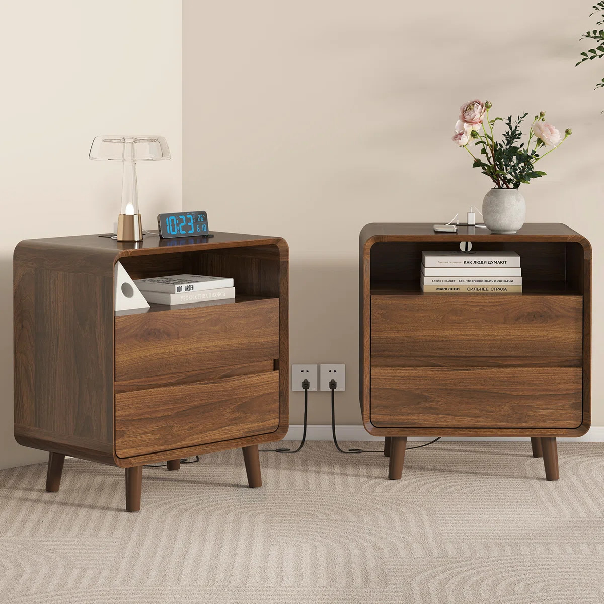 Angela Walnut Night Stand Set of 2 with Open Shelf & 2 Drawers, Bedside Table Set of 2 with Charg... | Wayfair North America