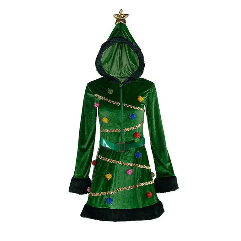 lioraitiin Women Christmas Tree Dress, Velvet Hooded Sequin Fancy Costume with Belt Funny Xmas Dr... | Walmart (US)