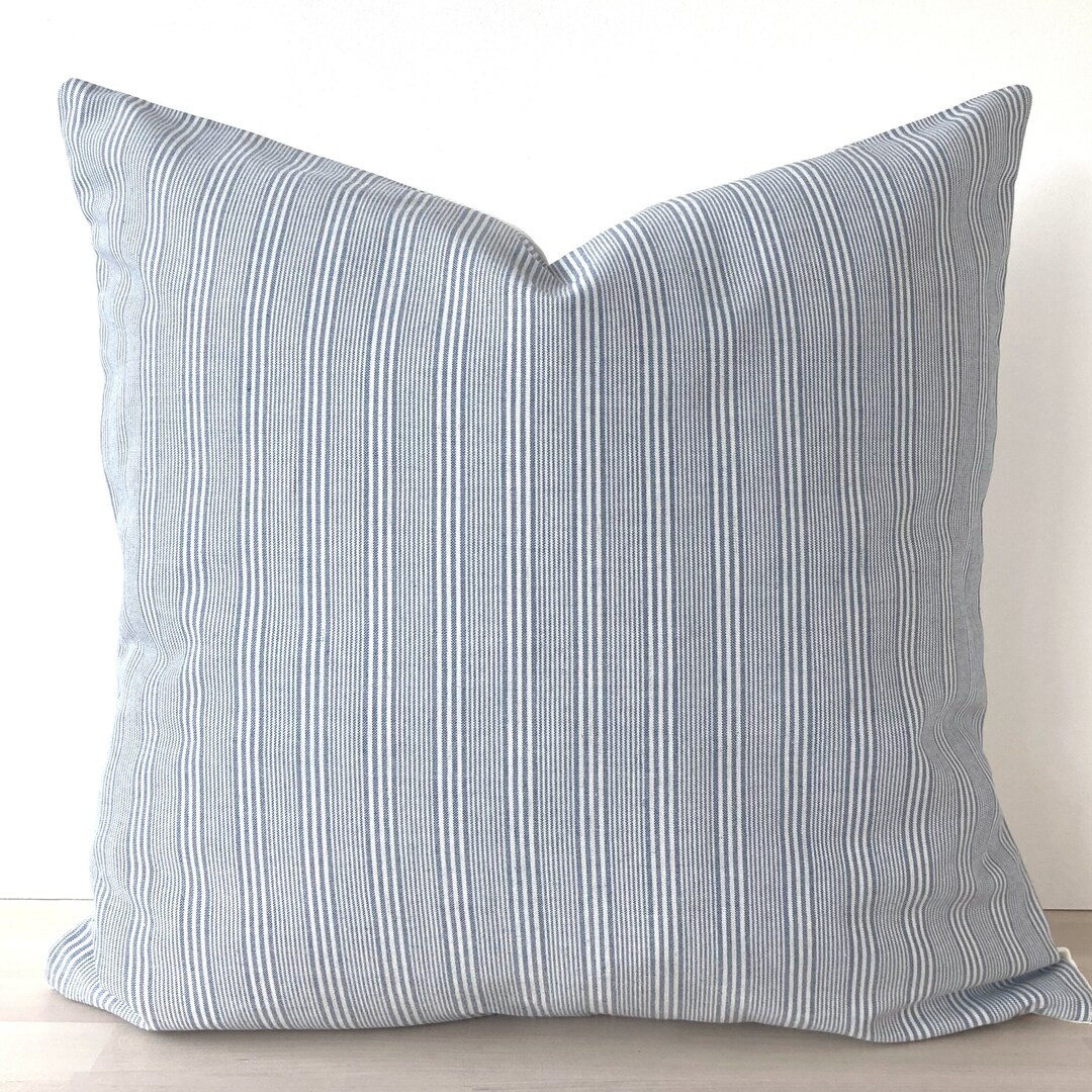 Blue Striped Linen Pillow Cover, European Linen With Ticking Stripes, Neutral and Blue Pillowcase... | Etsy (US)