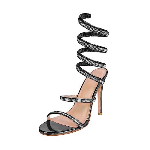 Baffoloo Women's Rhinestone Gladiator Sandal, High-Heel Party Shoes, Ankle Wrap Up, Size 7, Black | Amazon (US)