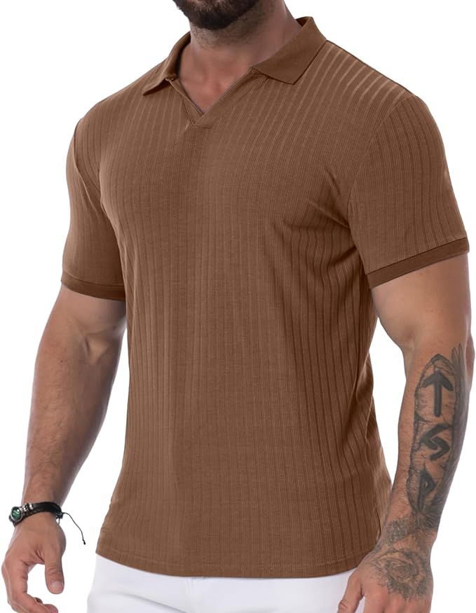 Askdeer Men's Muscle V Neck Polo Shirts Slim Fit Shirt Short Sleeve Golf T-Shirts Ribbed Knit Sof... | Amazon (US)
