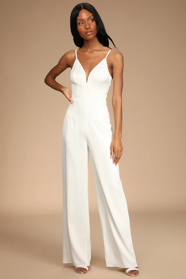 Lasting Romance Ivory Satin Bow Back Wide-Leg Jumpsuit | Lulus (US)