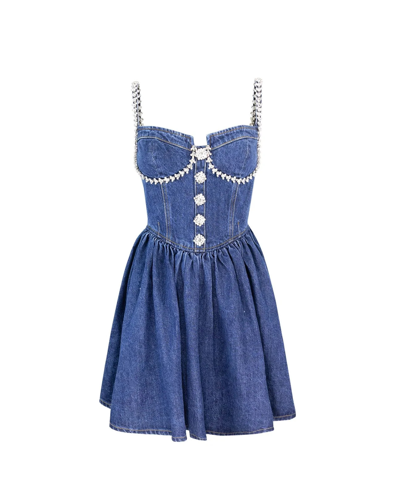 Self-Portrait Embellished Denim Flared Mini Dress | Cettire Global