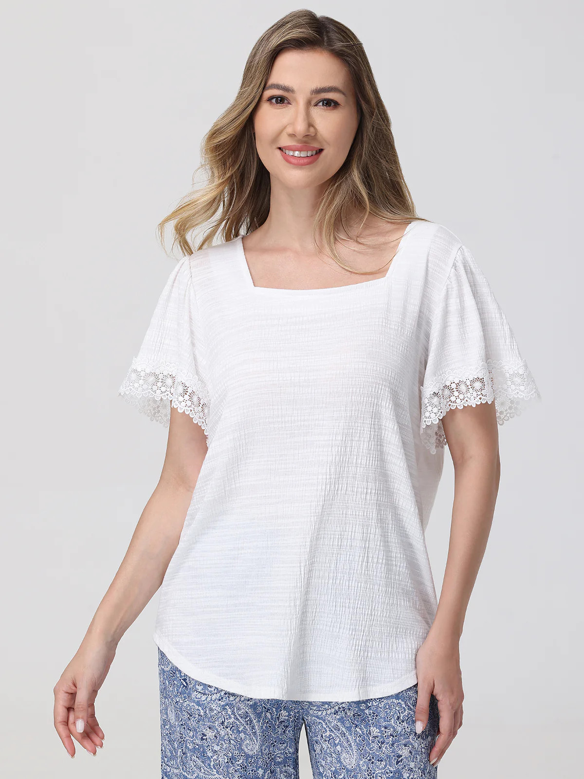 89th & Madison Crochet Trim Flutter Sleeve Top | 89th + Madison
