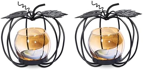 Pumpkin Glass Votive Candle Holder, Set of 2, Decorative Matte Black Iron Tea Light Candle Holder... | Amazon (US)