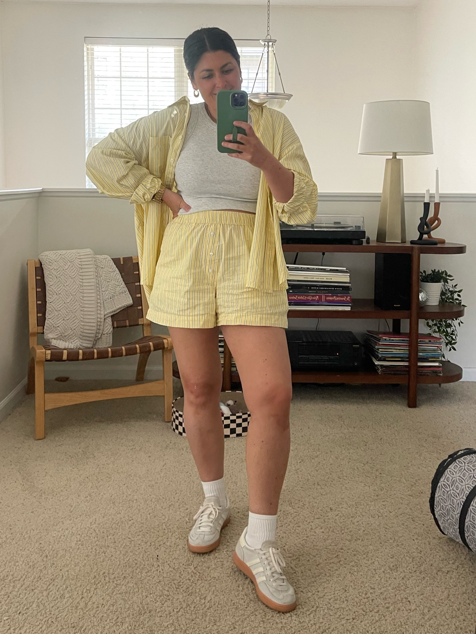 Striped button down (XL) | striped shorts (M) | gray tank top (M) | blue sneakers (size down) 

#LTKFindsUnder100 #LTKStyleTip