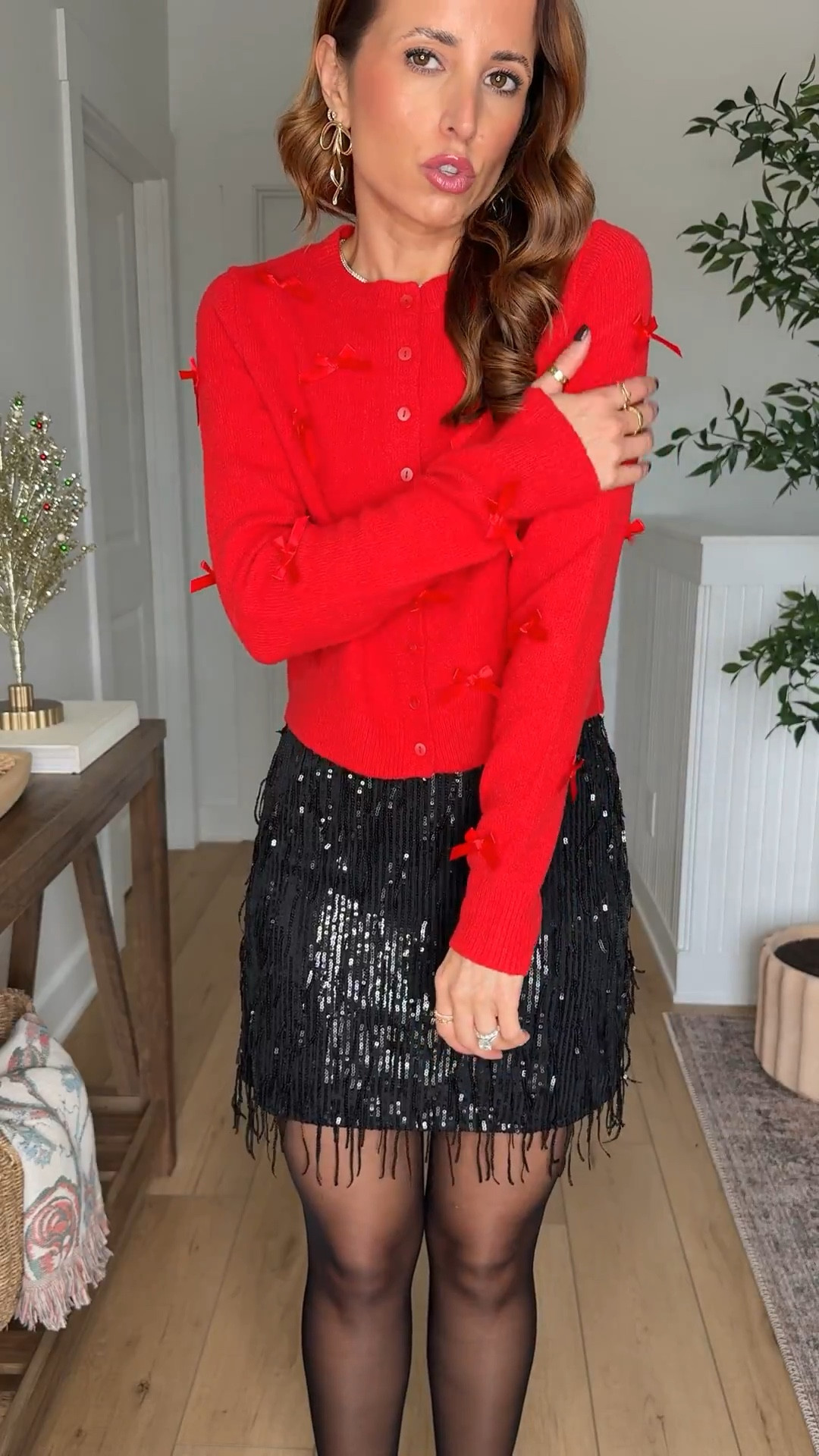 Target holiday party outfits. Target Christmas party outfits . Party outfits. NYE outfits. Sparkly skirts. Christmas sweaters. Sheer pantyhose. Sparkly heels are TTS. Bow sweater. 
*I am 5’3, 110, 32b. Wearing XS in both. Skirt runs big so consider sizing down, especially if in-between sizes. 

#LTKSeasonal #LTKHoliday #LTKootd