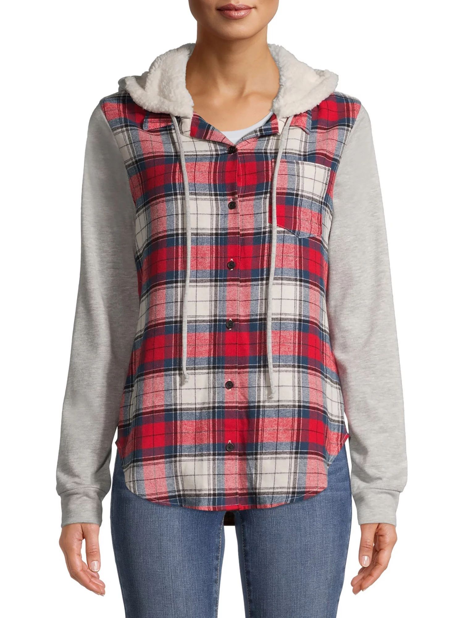 No Boundaries Juniors' Flannel Top With Hood | Walmart (US)