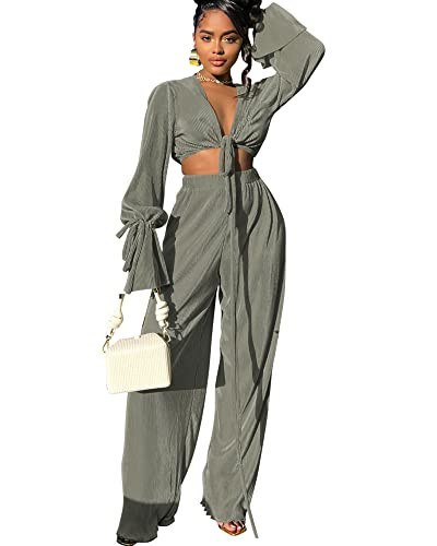 Doweha Casual Sexy Two Piece Outfit for Women Going Out Linen Long Sleeve V Neck Top Flare Pleated Wide Leg Pants Sets Beach Vacation Grey Green | Amazon (US)