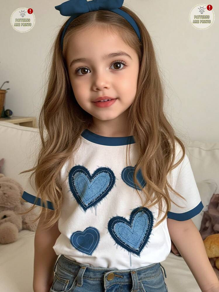 Emery Rose Kids Emery Rose Kids Happikins Young Girls' Casual Simple Heart Print Short Sleeve Rou... | SHEIN