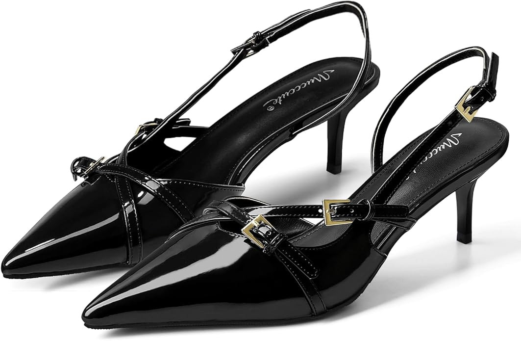 MUCCCUTE Kitten Heels for Women Pointed Toe Slingback Low Heels with Buckle Strap Heeled Pumps | Amazon (US)