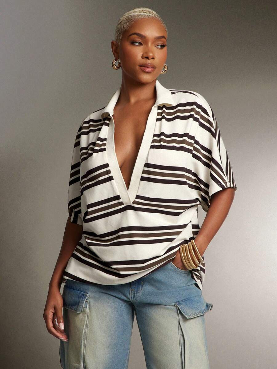 Denimoi Plunge Neck Collared Oversized Striped Polo Top Fashionable Tops | SHEIN