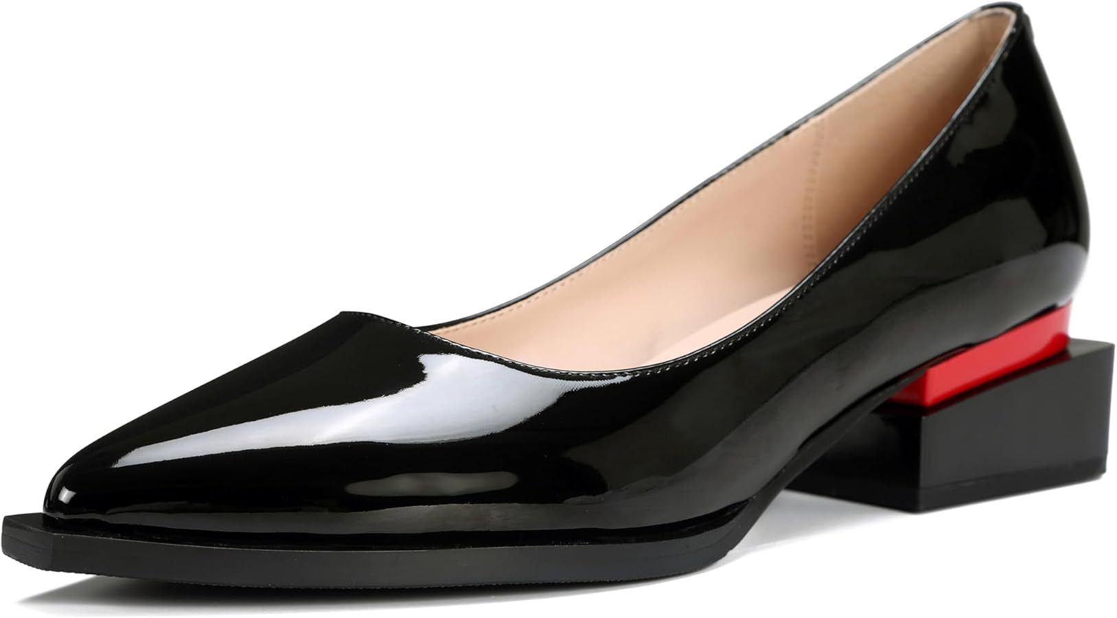 Womens Mid-high Red Heel Shoes Overlapping Square Chunky Heel Pointed Toe Pumps Shiny Black Paten... | Amazon (US)