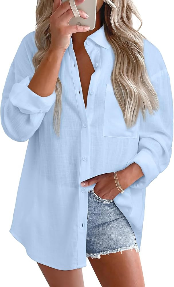 Astylish Women 2026 Loose Fit Tops Cotton Linen Button Down Shirts Collared Roll Up Long Sleeve V... | Amazon (US)