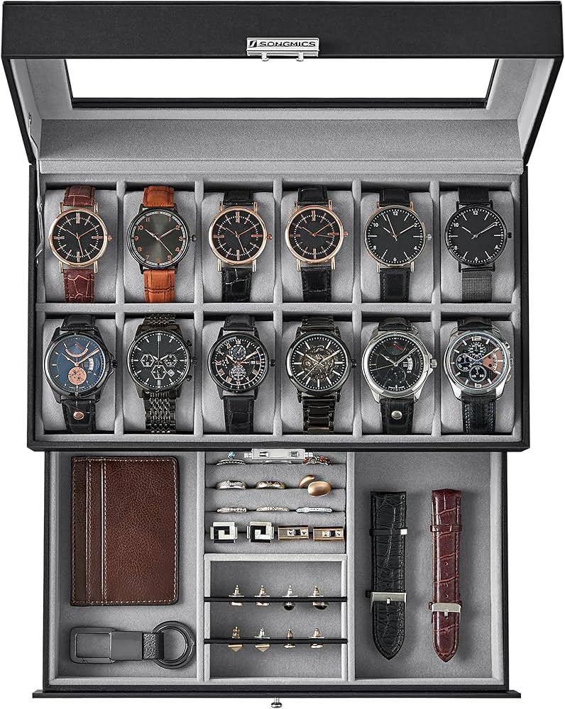 SONGMICS 12-Slot Watch Box, Lockable Watch Case with Glass Lid, 2 Layers, with 1 Drawer for Rings... | Amazon (US)