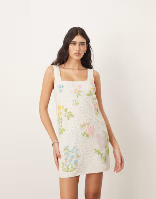 ARRANGE embellished botanical floral beaded square neck mini dress in white | ASOS (Global)