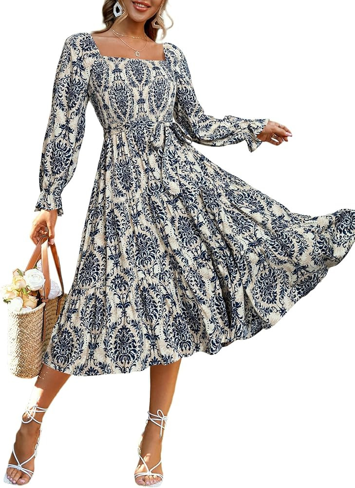 Simplee Womens Long Sleeve Maxi Floral Dress Casual Square Neck Long Flowy Boho Dresses | Amazon (US)