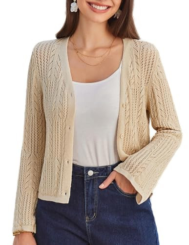Cardigan for Women Long Sleeve V Neck Hollow Out Sweater Corset Knit Open Front Shrug Cardigans Apricot XXL | Amazon (US)
