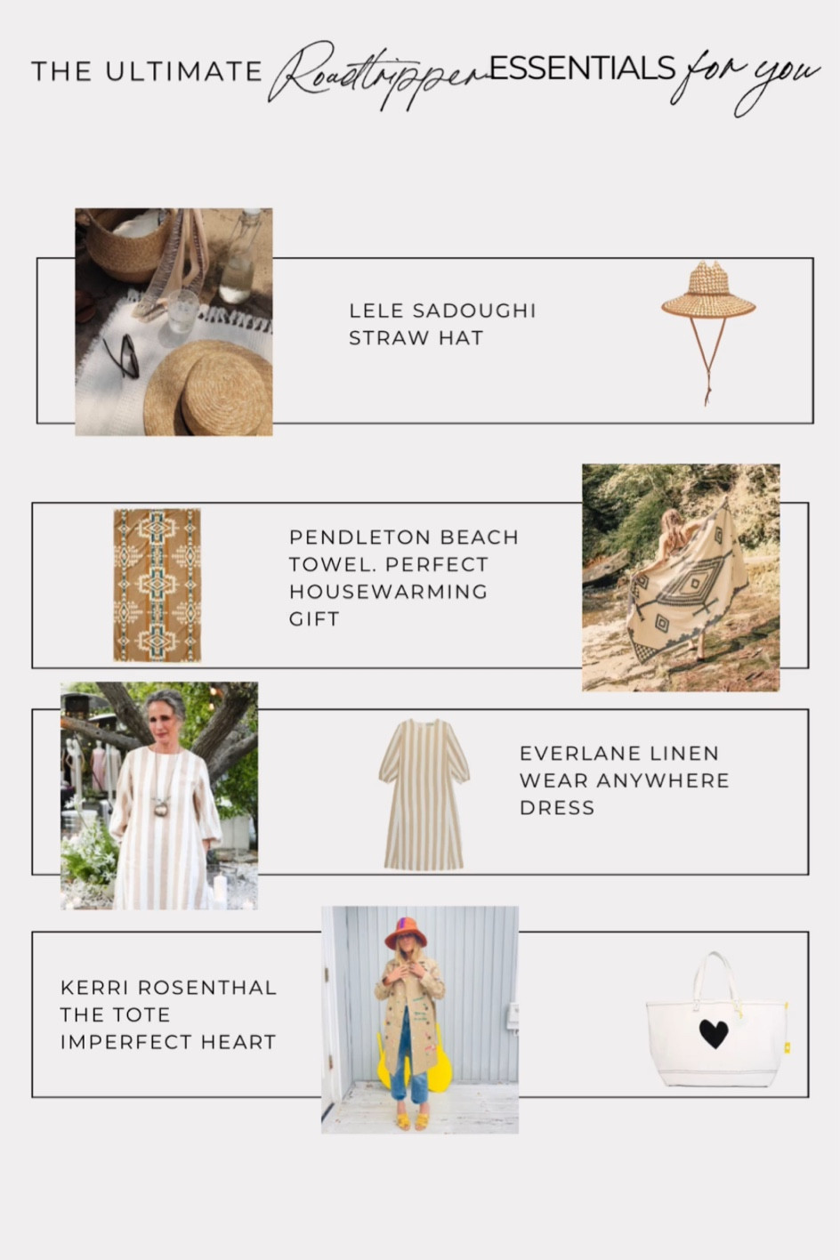 Road trip essentials for you straw hat, summer house warming gift, pendleton towel, striped linen puff sleeve dress, tote bag