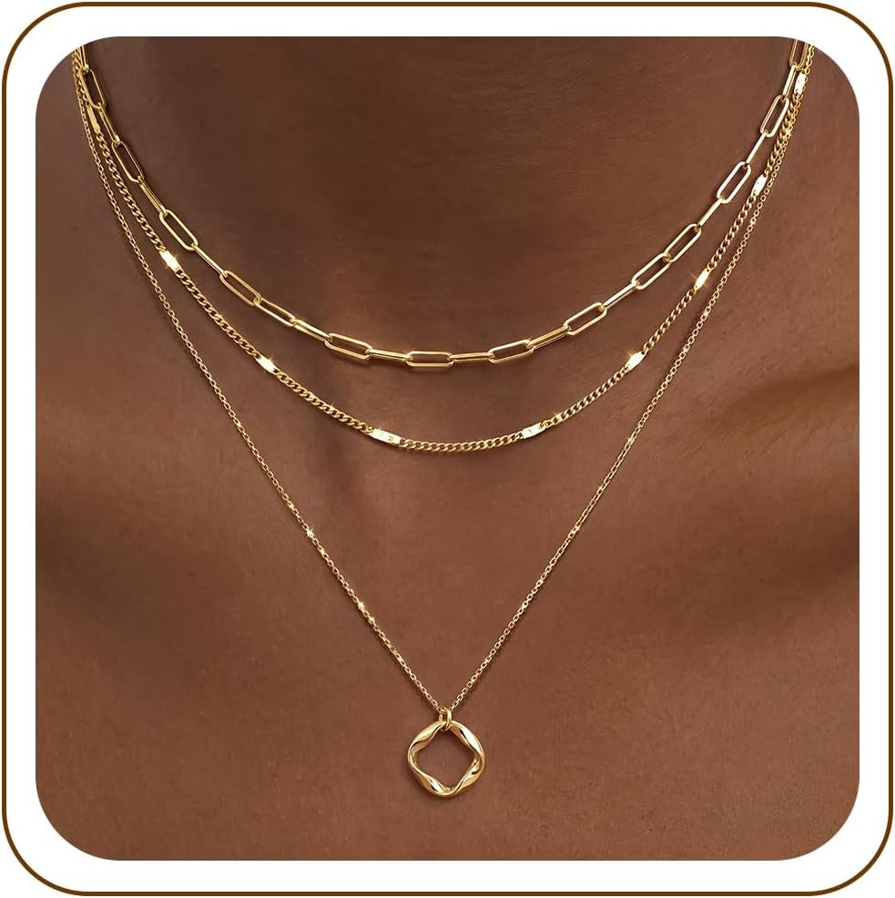 Poxtex Layered Gold Necklaces for Women, Stackable Dainty 14K Gold Silver Plated Trendy Simple Heart Diamond Cross Bow Circle Pendant Paperclip Choker Dot Chain Necklace,Jewelry Set Gifts for Women | Amazon (US)