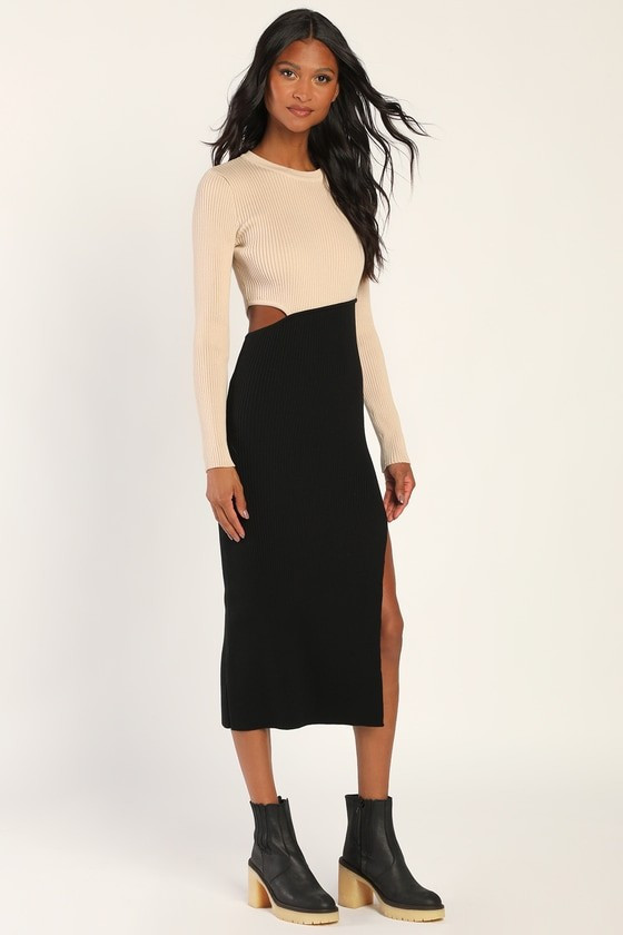 Cutest Combo Beige and Black Color Block Cutout Sweater Dress | Lulus