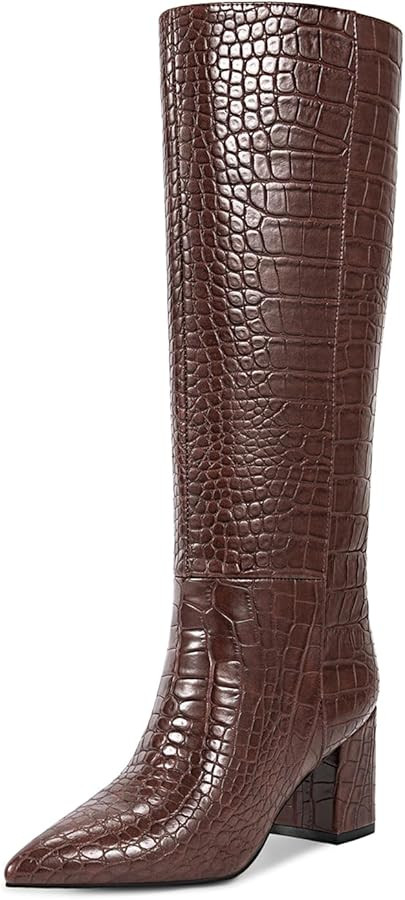 wetkiss Knee High Boots Women Chunky Heel Faux Crocodile Boots Pointed Toe Tall Boots Long Wide C... | Amazon (US)