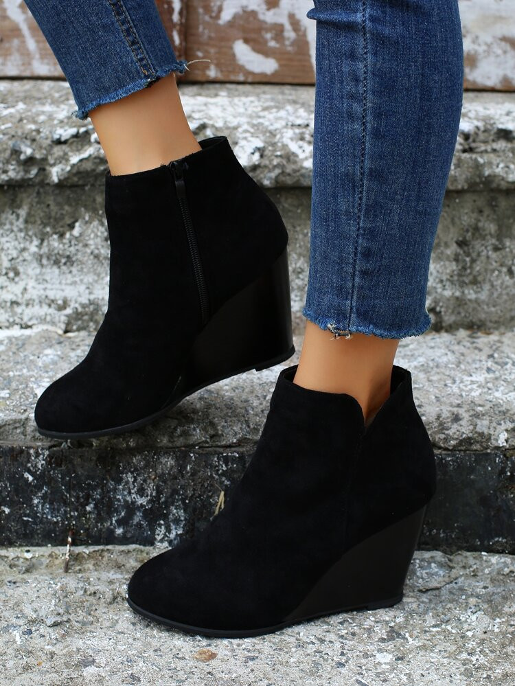 Zip Side Faux Suede Wedge Boots | SHEIN