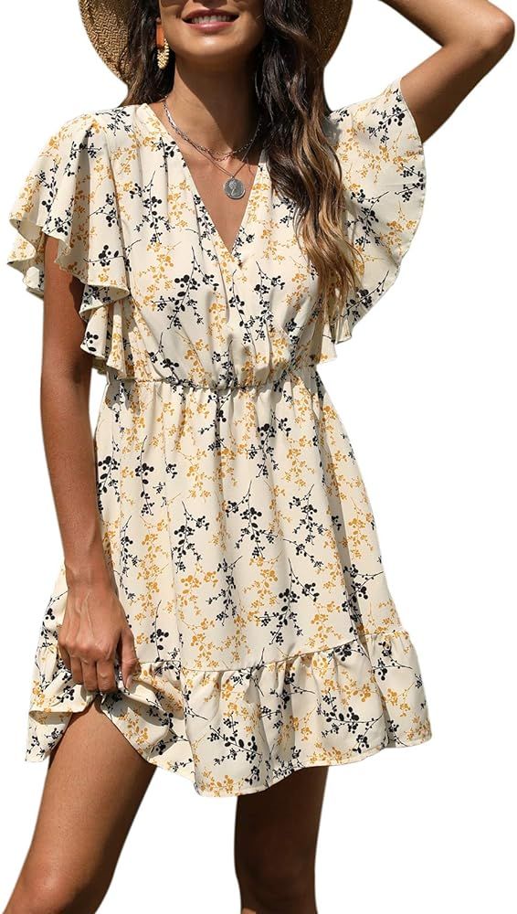Manydress Women’s Casual Floral Print Butterfly Sleeve Flowy Swing Boho Dress with Pockets MY09... | Amazon (US)