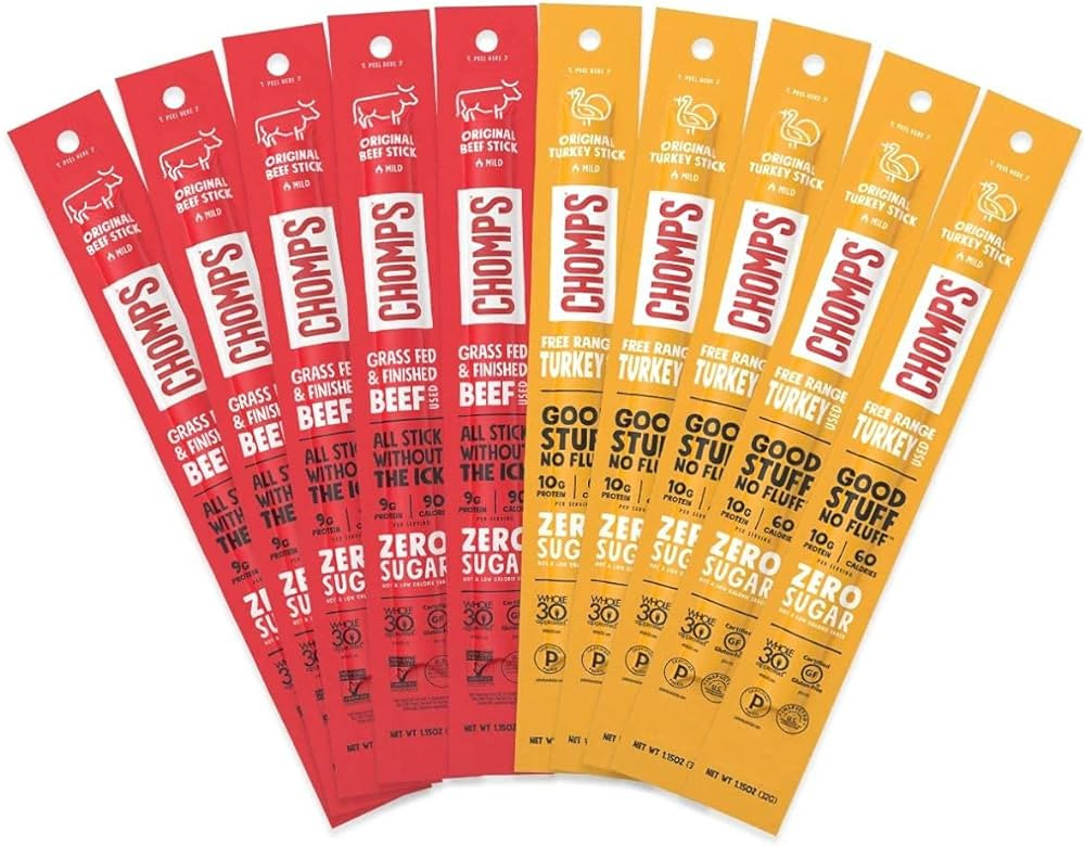 CHOMPS Grass Fed Beef & Turkey Jerky Sticks, Originals Variety Pack, 10 Sticks: (5) Original Beef... | Amazon (US)