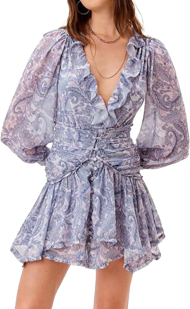 Jardinvue Women's V Neck Floral Dress Casual Dress Long Sleeve Dress Puff Sleeve Dress A Line Dre... | Amazon (US)