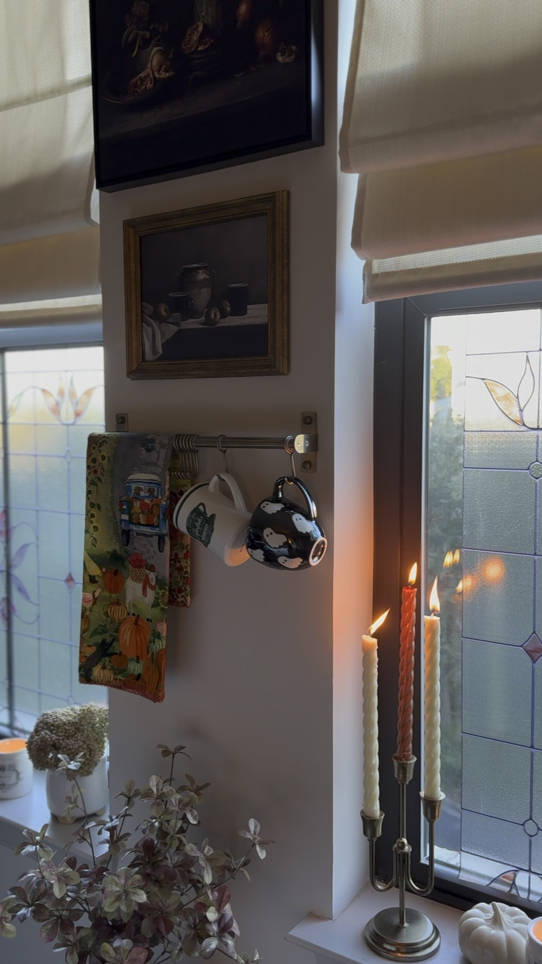 cozy corner 🕯️☕️ unable to link or awaiting restock: faux stained glass is from Artscape, Ralph’s mug from RL.com and Anthro fall goodies 

#LTKHome #LTKHalloween #LTKHoliday