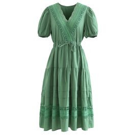 Lace Inserted Bubble Sleeves Wrapped Midi Dress in Green | Chicwish
