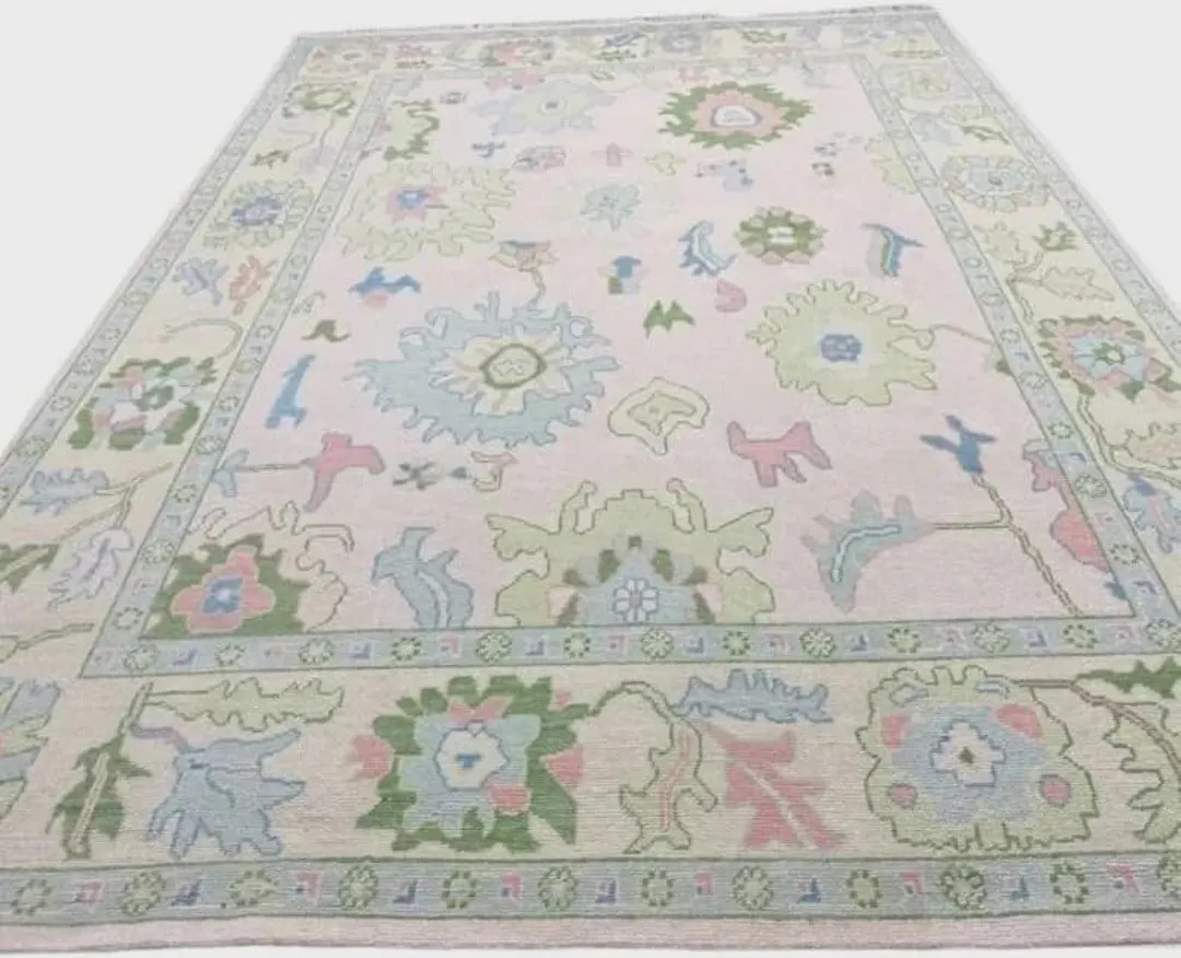 Hand Knotted Elegant Pink Beige Green Rug 5*8, 8*10, 6*9, Oushak Style Area Rugs for Bedroom, Din... | Etsy (US)