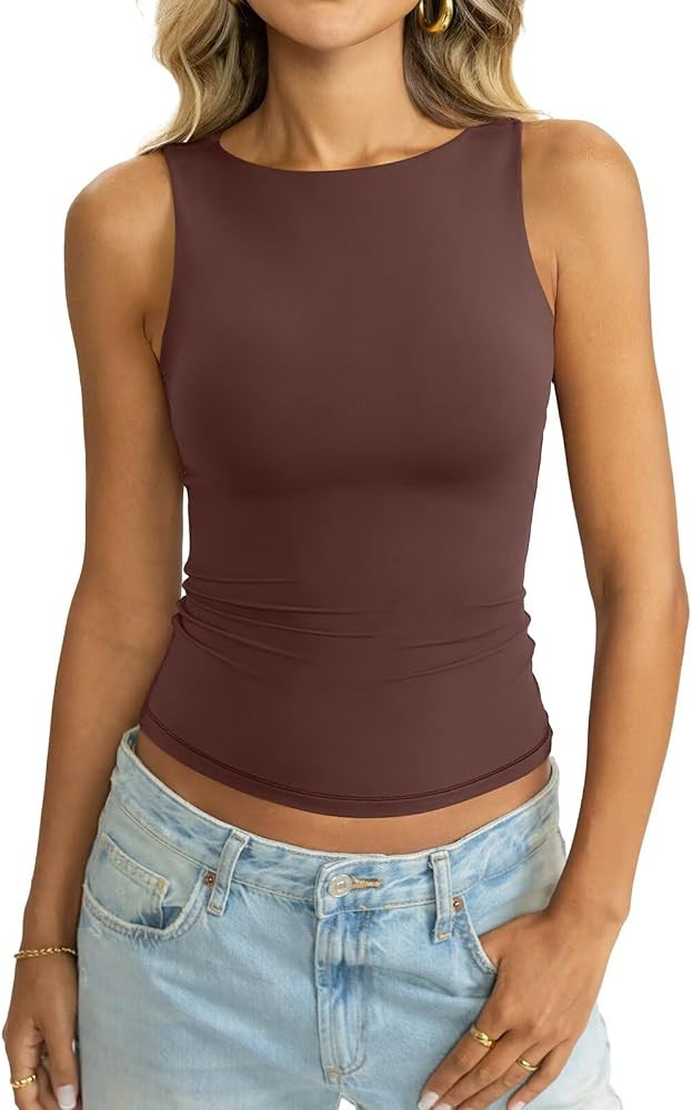 Womens Double Lined Tank Tops Boat Neck Fitted Top Basic Sleeveless Shirts Y2K Summer Going Out O... | Amazon (US)