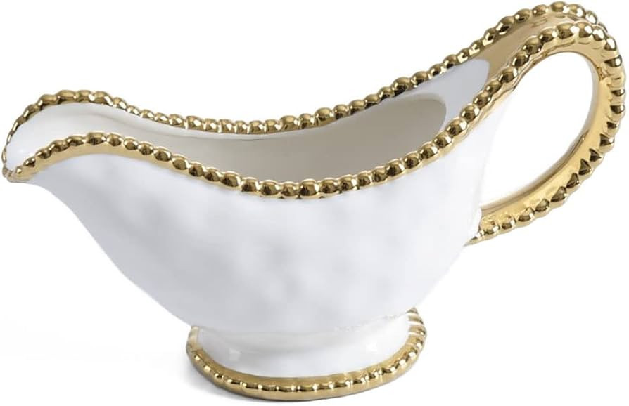 Pampa Bay Golden Salerno Porcelain Gravy Boat with Titanium Beaded Trim, White/Gold | Amazon (US)