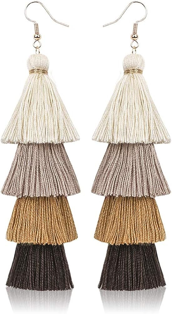 Bohemian Layered Long Pom Pom Tassel Earrings Drop Dangle Tiered Ombre Fringe for Women Teen Girls | Amazon (US)