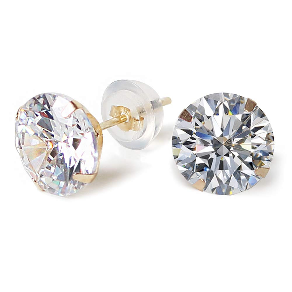 14k real solid Yellow Gold white cz Stud chunky Earrings for women Cubic Zirconia with 14k gold s... | Amazon (US)