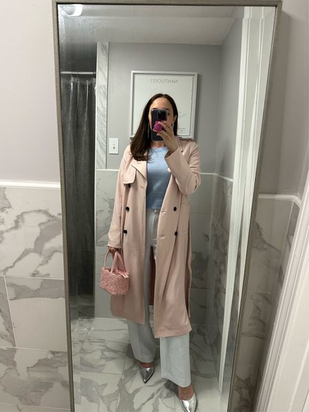 Full birthday dinner outfit - trench coat sold out but found others! Trousers true to size and worth it! Wearing a short (I am 5’3). Cashmere sweater is on sale. Heels are so comfy! 

#LTKParties