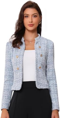 Allegra K Vintage Tweed Jackets for Women's Stand Collar Business Open Front Cropped Blazer Jacke... | Amazon (US)