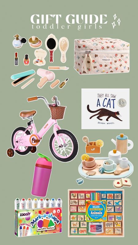 toddler girl gift guide🎁 wooden makeup set, pretend play, cat book, bike, wooden tea set, water bottle, art, stamps 

#LTKHolidaySale #LTKHoliday #LTKGiftGuide