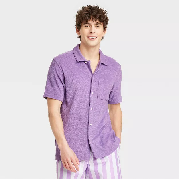 Men's Terry Short Sleeve Camp Button-Down Shirt - Goodfellow & Co™ Purple | Target