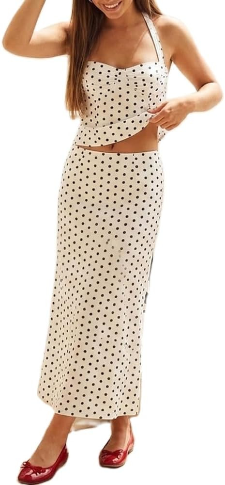 Mxiqqpltky Polka Dot 2 Piece Skirt Sets for Women Slim Fit Halter Cami Top Bodycon Maxi Skirt Set... | Amazon (US)